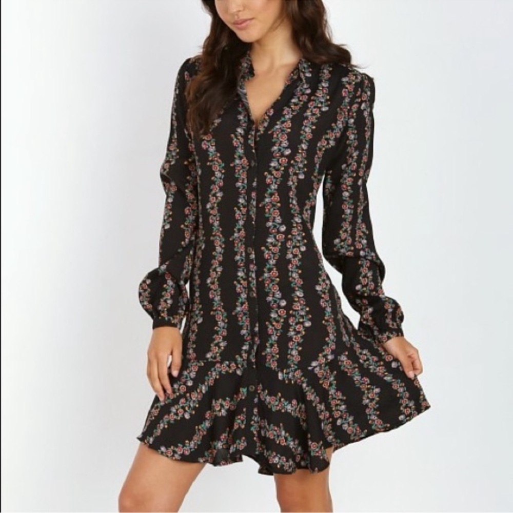 FREE PEOPLE Black Ditsy Floral Long-sleeve Button-down Ruffled Dress - XS